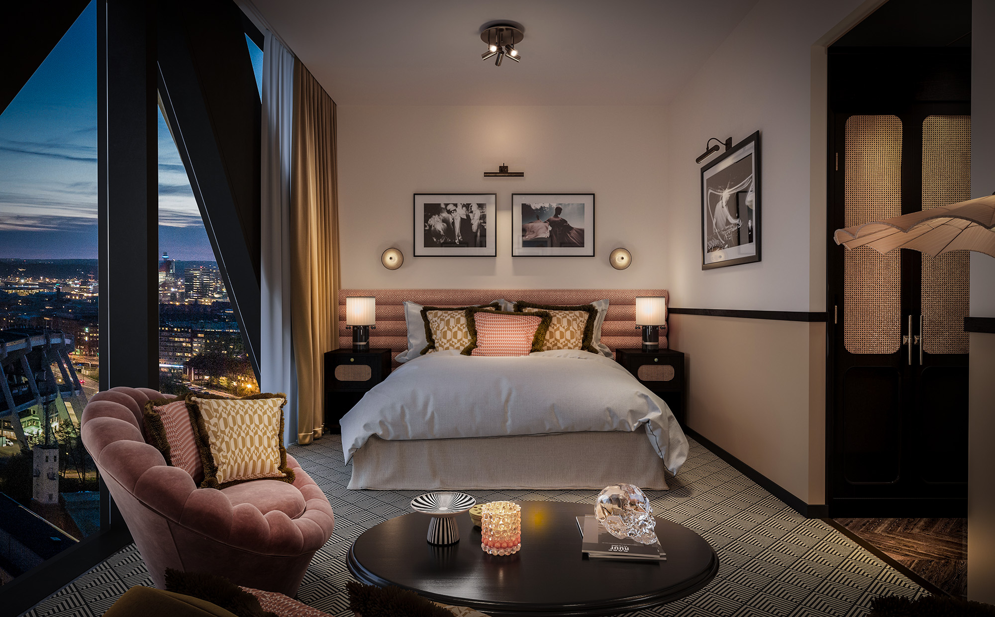 Råformat Jacyz hotellrum säng 3d visualisering
