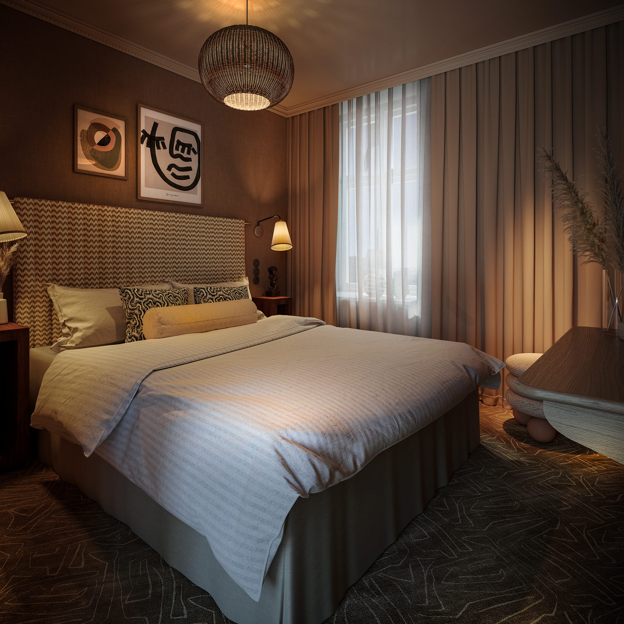 3D visualisering av Grand Joanne hotell queenroom