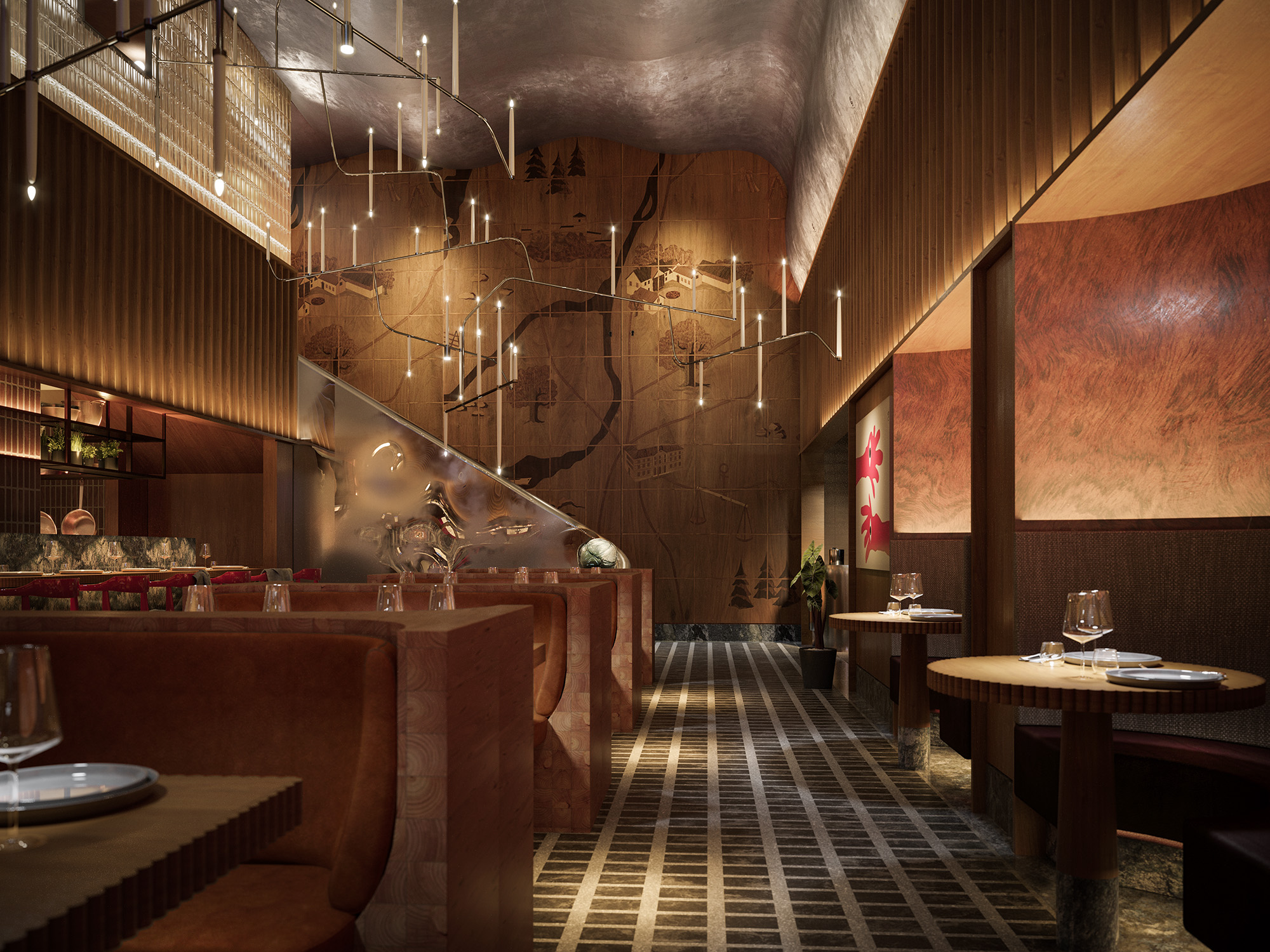3D visualisering av Studio Frantzén Harrods restaurangen takkrona