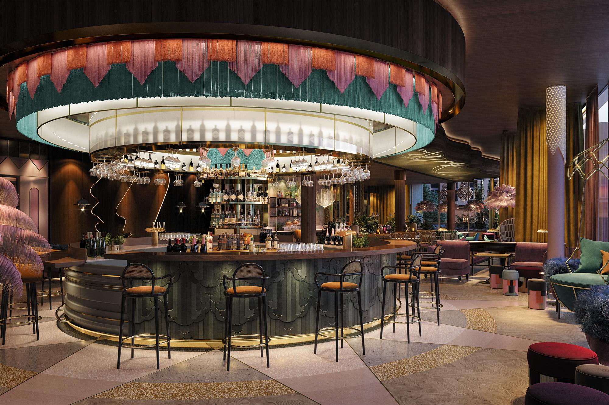 Råformat Hotell Marriott bar 3d visualisering
