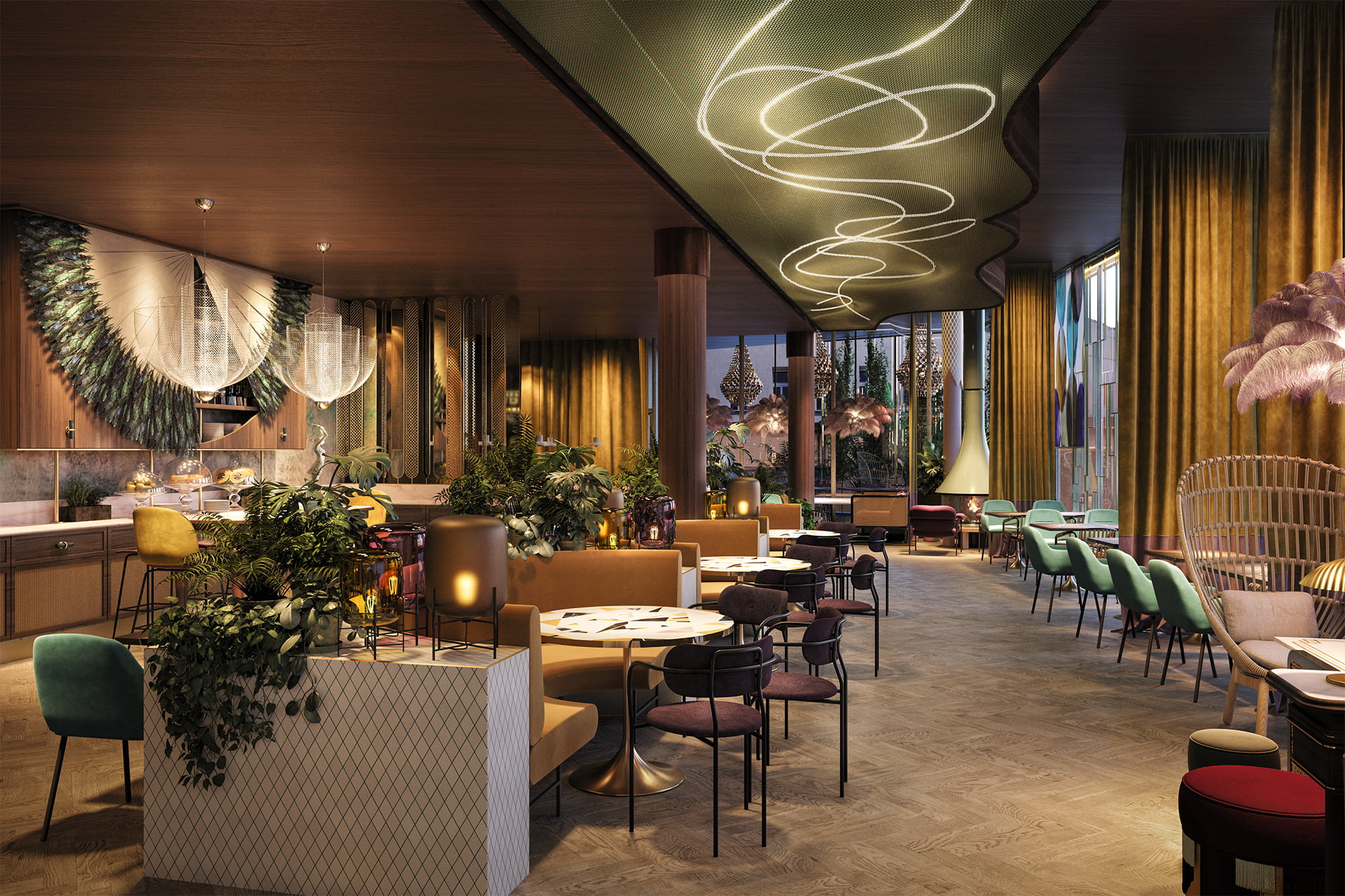 Råformat Hotell Marriott restaurang 3d visualisering